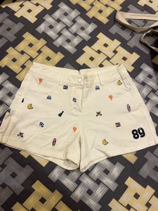 Women's White Embroidered Shorts