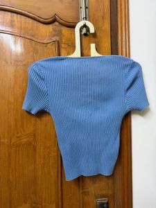 Blue Ribbed tie up Crop Top
