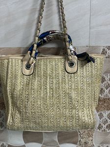 Chic Straw Tote Bag with Scarf Accent