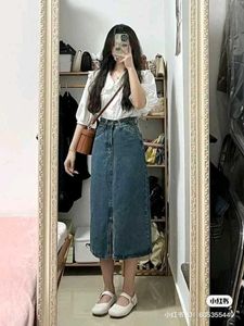 Midi Denim Skirt with Slit