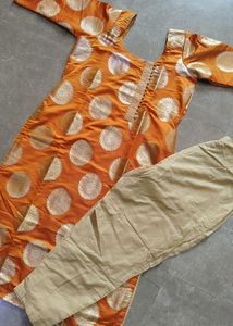 Orange Brocade Kurta with Pants