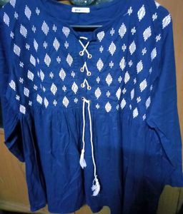 Navy Blue  White Embodeiry Design Tops(Long Shoulder)