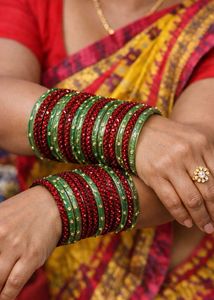 Elegant Green &amp; Red Beaded Bangles
