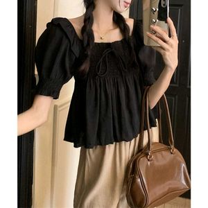 Korean Chic Black Puff Sleeve Square Neck Top