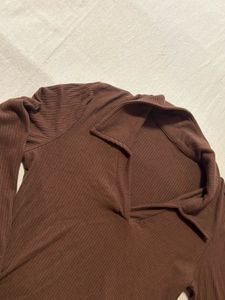 Ribbed Collared Long Sleeve Top