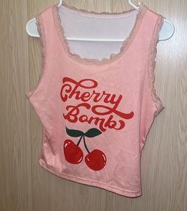 Pink "Cherry Bomb" Tank Top with Lace Trim
