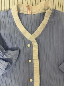korean Sweet Blue Pleated Puff Sleeve Top