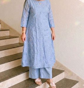 powder  Blue mul chanderi kurta Set