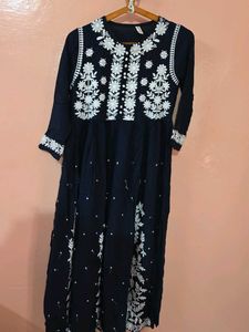 Navy Blue Floral Embroidered Long Dress/Kurti