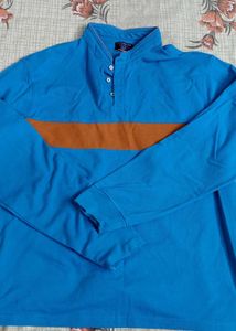 peter England Blue Striped Long Sleeve Polo Shirt