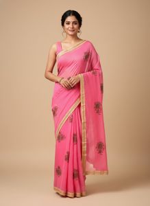 Beautiful Pink Saree with Golden Border without bl