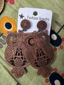 Wooden Owl &amp; Leaf Dangle Earrings