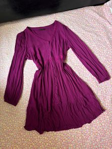 Purple Button-Up Tiered Midi Dress