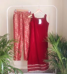 Skylee Maroon Velvet Ethnic Kurtha (Women's)