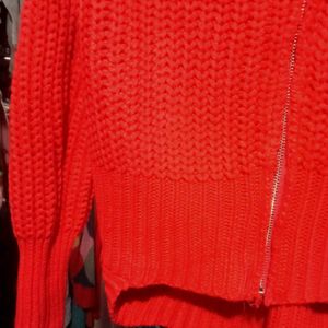 Red Knit Zip-Up Hoodie