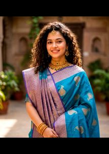 Beautiful Blue Silk Saree with Gold Motifs