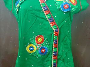 Green Embroidered Angrakha Style Kurta