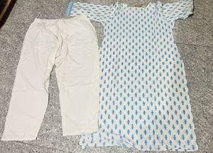 ZARI Blue &amp; White Printed Kurta with Pants