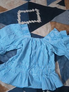 Crop Blue Gingham Square Neck Top
