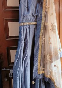 Elegant Grey &amp; Gold Anarkali Dress