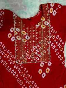 Red Bandhani Print Kurta with Embroidery