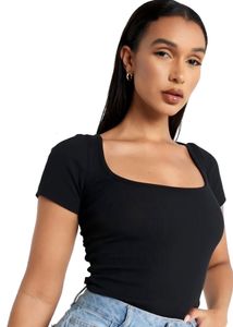 Black Square Neck Ribbed Top