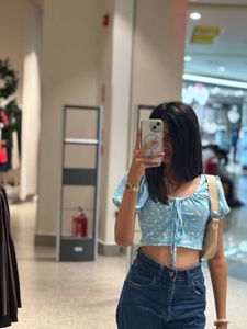 Printed Blue Puff Sleeve Tie Front Ditsy Fl
