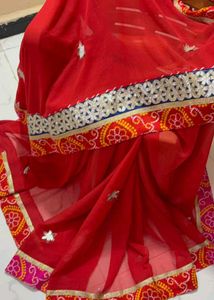 Red Embroidered saree with Mirror Work
