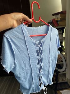 Cute Blue Lace-Up Crop Top