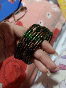 Green Glass Bangles with Red &amp; Gold Accents