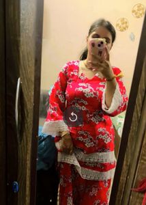 Red Floral Print Kurta with Lace Trim