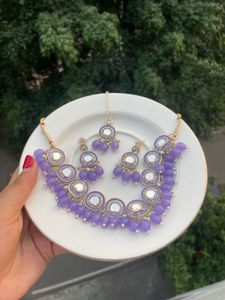 Purple Kundan Necklace Set with Maangtika