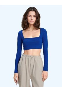 Blue Long Sleeve square neck Crop Top
