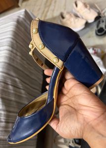 Navy Pearl Block Heels
