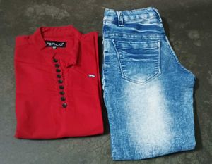 Red Kurta with Blue Jeans