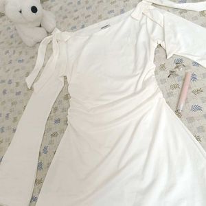 Boat Neckline Solid Ruched Bowknot Mini Dress