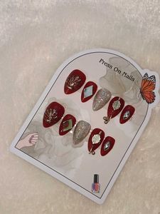 Navratri Elegant Red & Silver Press-On Nails😍😍