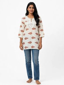 ❤️✨ CREAM PRINTED SHORT KURTI WITH SEQUIN NECKLINE
