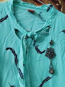 159.Cute Teal Feather Print Dress