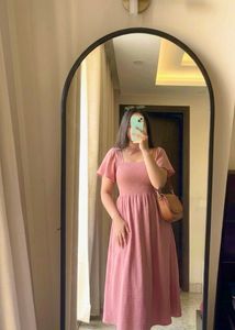 Chic Pink Smocked Midi Dress