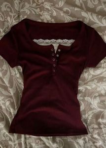 Burgundy Lace Trimmed Henley Top