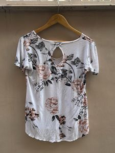 White Floral Print V-Neck Top