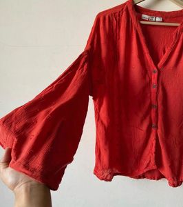 Vibrant Orange Textured Button-Up Blouse