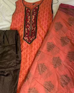 Orange Embroidered Kurta Set with Dupatta and pant