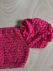 hot pink Smocked Puff Sleeve Crop Top, size M
