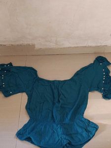 Teal Off-Shoulder Top with Pearl Embellishments