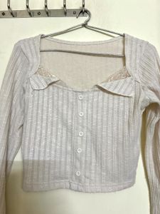 Cream Ribbed Bell Sleeve Top