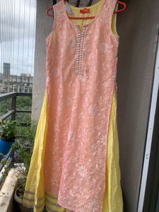 Peach Kurta Set with Yellow Skirt