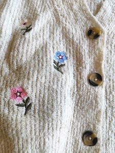 Cream Embroidered Knit Cardigan