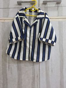 Striped Short Sleeve Button-Up Blouse